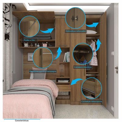 Quarto De Solteiro Com Guarda Roupas Mesa De Cabeceira E Nicho Paris Luciane Móveis Avelã Pf Com C