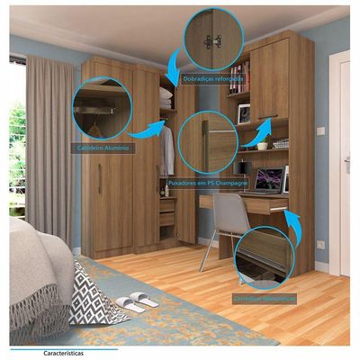 Quarto Home Office Com Guarda Roupas E Bancada De Estudos Paris Luciane Móveis Avelã Pf Com Grey S