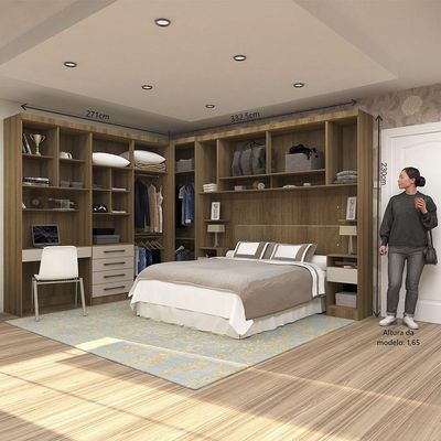 Quarto De Canto Casal Com Guarda Roupas Cabeceira E Bancada Home Office Paris Luciane Móveis Avelã