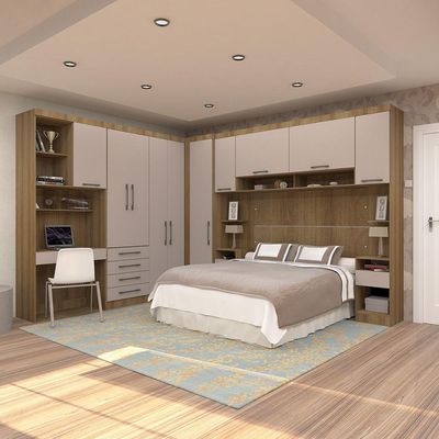Quarto De Canto Casal Com Guarda Roupas Cabeceira E Bancada Home Office Paris Luciane Móveis Avelã