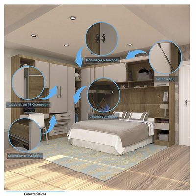 Quarto De Canto Casal Com Guarda Roupas Cabeceira E Bancada Home Office Paris Luciane Móveis Avelã