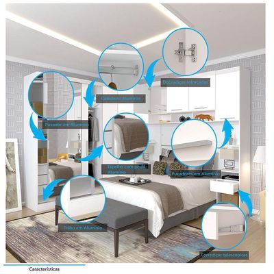 Quarto De Canto Casal Com Guarda Roupas Com Espelho E Mesas De Cabeceira Alpes Luciane Móveis Bran