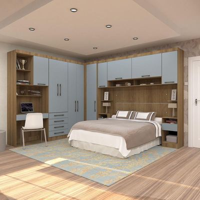 Quarto De Canto Casal Com Guarda Roupas Cabeceira E Bancada Home Office Paris Luciane Móveis Avelã