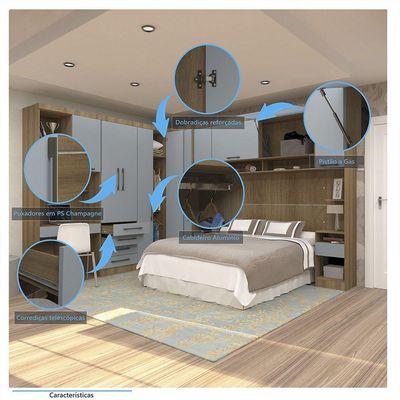 Quarto De Canto Casal Com Guarda Roupas Cabeceira E Bancada Home Office Paris Luciane Móveis Avelã