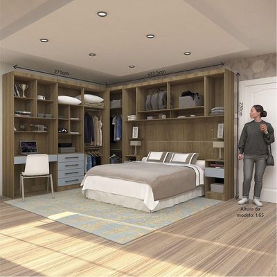 Quarto De Canto Casal Com Guarda Roupas Cabeceira E Bancada Home Office Paris Luciane Móveis Avelã