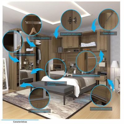 Quarto De Canto Casal Com Guarda Roupas Com Espelho E Mesas De Cabeceira Paris Luciane Móveis Avel