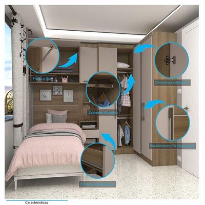 Quarto De Canto Solteiro Com Guarda Roupas Cabeceira E Mesa De Cabeceira Paris Luciane Móveis Avel