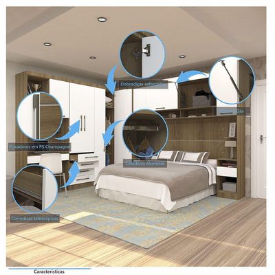 Quarto De Canto Casal Com Guarda Roupas Cabeceira E Bancada Home Office Paris Luciane Móveis Avelã