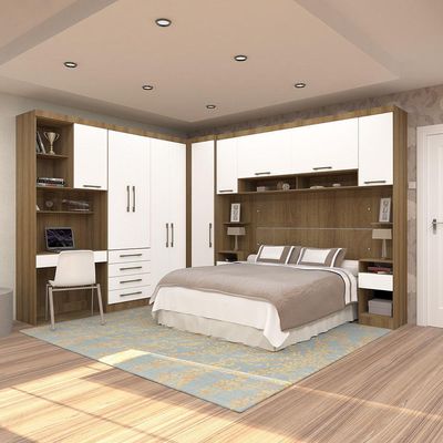 Quarto De Canto Casal Com Guarda Roupas Cabeceira E Bancada Home Office Paris Luciane Móveis Avelã