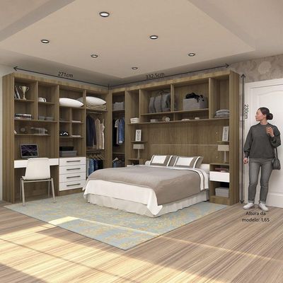 Quarto De Canto Casal Com Guarda Roupas Cabeceira E Bancada Home Office Paris Luciane Móveis Avelã