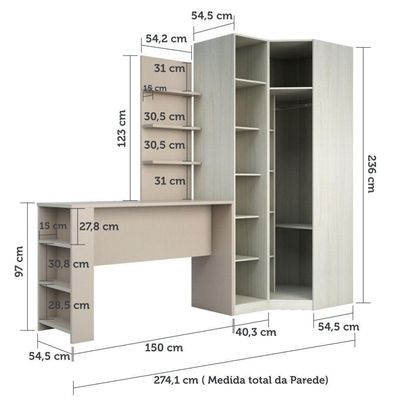 Guarda Roupa Prateleiras E Bancada Com Painel Crema Com Connect