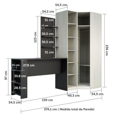 Guarda Roupa Prateleiras E Bancada Com Painel Crema Com PTx