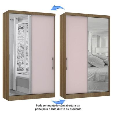Guarda Roupa Modulado 134,50cm 2 Portas De Correr Com Espelho Paris Avelã Pf Com Rosa Pf