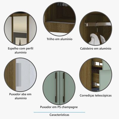 Guarda Roupa Modulado 134,50cm 2 Portas De Correr Com Espelho Paris Avelã Pf Com Branco Pf