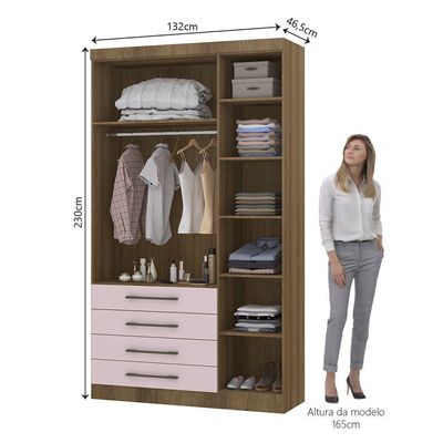 Guarda Roupa Modulado 132cm 3 Portas E 4 Gavetas Paris Luciane Móveis Avelã Pf Com Rosa Pf
