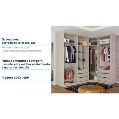 Guarda Roupa Canto 6 Gavetas, 4 Cabideiros Legno Crema