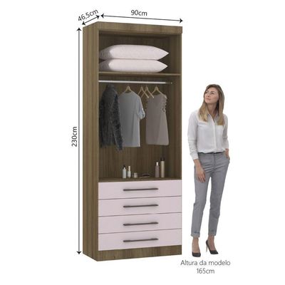 Guarda Roupa Modulado 90cm 2 Portas E 4 Gavetas Paris Luciane Móveis Avelã Pf Com Rosa Pf