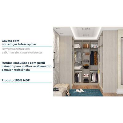 Guarda Roupa Em U Com 6 Gavetas, 5 Cabideiros Legno Crema