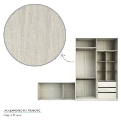 Guarda Roupa Closet, 3 Gavetas, 2 Cabideiros Legno Crema