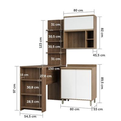 Cozinha 4 Pçs 80cm Mel Vanill e Branco Laca E Nogueira