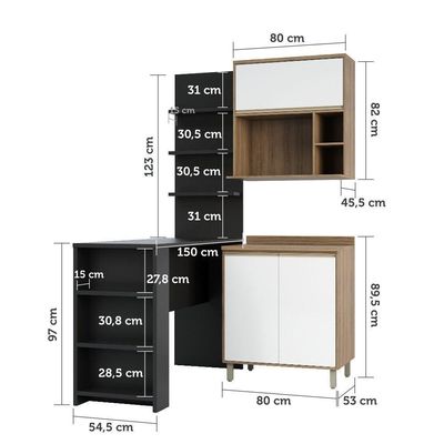Cozinha 4 Pçs 80cm Mel Vanill e Branco Laca E Preto