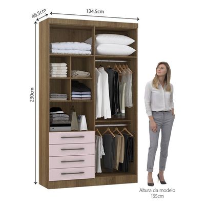 Guarda Roupa Modulado 134,50cm 4 Portas E 4 Gavetas Paris Luciane Móveis Avelã Pf Com Rosa Pf