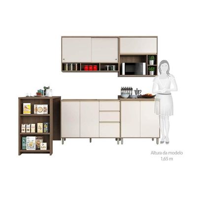 Armário De Cozinha Completa Modulada 7 Peças Sem Tampo De 120 Mel Vanilla Com Pérola Off