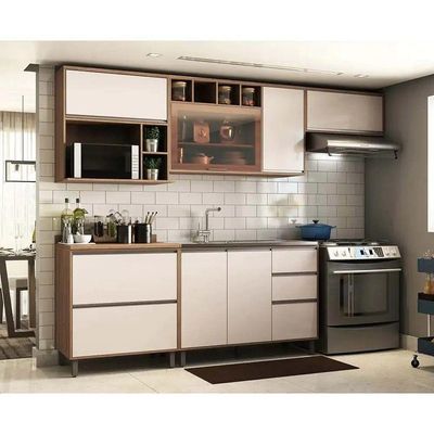 Armário De Cozinha Completa 5 Peças Com Vidro Reflecta Sem Tampo Mel Vanilla Com Pérola Off