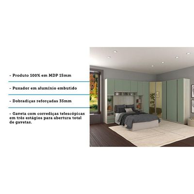 Guarda Roupa Canto Casal Com Vidro Reflecta Crema Com Verde