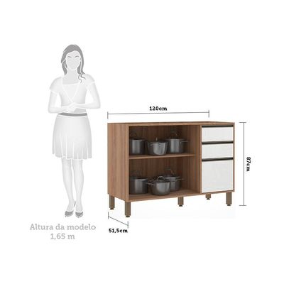 Balcão Para Pia Sem Tampo 120 Cm De Abrir 3 Gavetas Mel Vanill e Branco