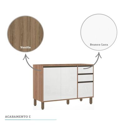 Balcão Para Pia Sem Tampo 120 Cm De Abrir 3 Gavetas Mel Vanill e Branco