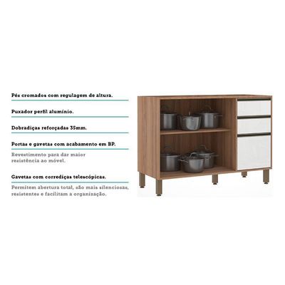 Balcão Para Pia Sem Tampo 120 Cm De Abrir 3 Gavetas Mel Vanill e Branco