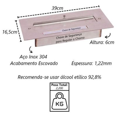 Queimador Inox Aço Para Lareira Portátil 304 - 16,50l X 39l X 6a Cm Cinza