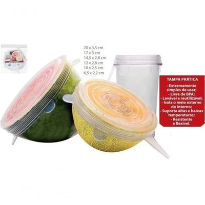 2 Kit 6 Tampas Panela Silicone Pote Forma Universal Elástica