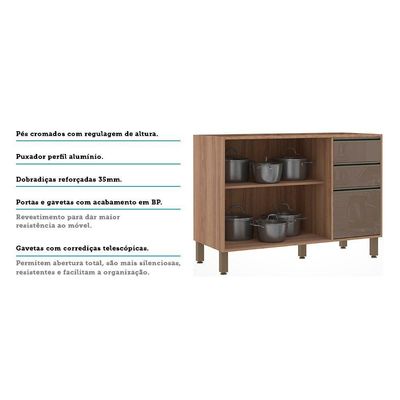 Balcão Para Pia Sem Tampo 120 Cm De Abrir 3 Gavetas Mel Vanill e Gra
