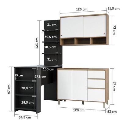 Cozinha Completa 4 Peças E Balcão Branco Laca E Preto