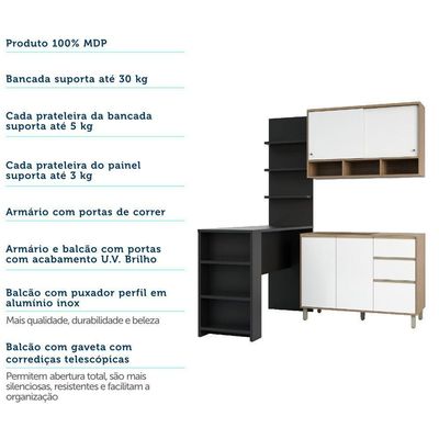Cozinha Completa 4 Peças E Balcão Branco Laca E Preto