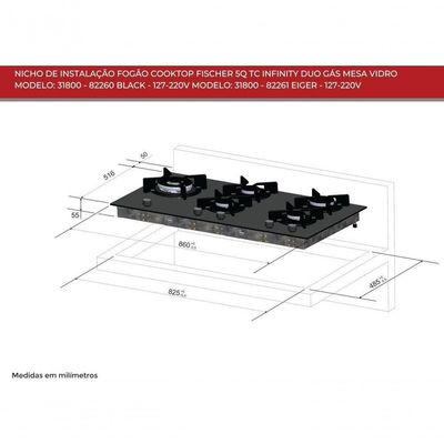 Fogão Cooktop Fischer 5q Tc Infinity Duo Blaze Gás Mesa Vidro 31800 Bivolt