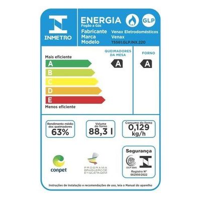 Fogão 5 Bocas Venax Temis A Gás Mesa De Inox 220V