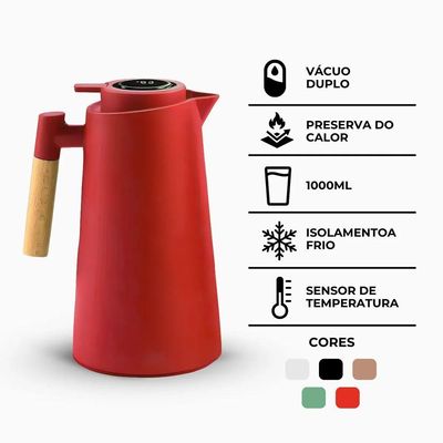 Garrafa Térmica Com Termômetro Cabo Madeira Com Display Digital 1l