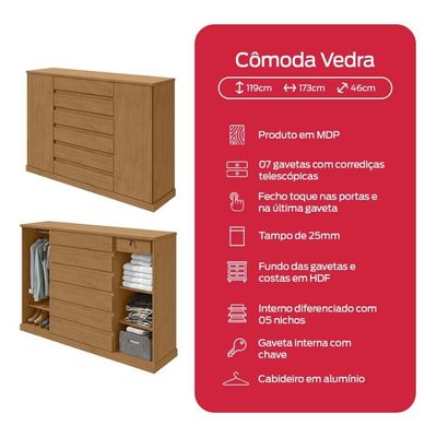 Cômoda Vedra 7 Gavetas 2 Portas Amêndoa Clean