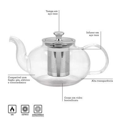 Bule Chá Em Vidro E Aço Inox Com Infusor 1 L 61764/100