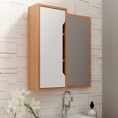 Espelheira Para Banheiro 60 Cm 1 Porta Bn3648 Amendoa Branco Tecno Mobili Amendoa Branco