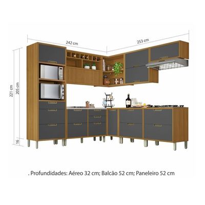 Cozinha 9 Peças ângulo Torre Quente 100% Mdf Imperatriz Nesher Freijó-grafite