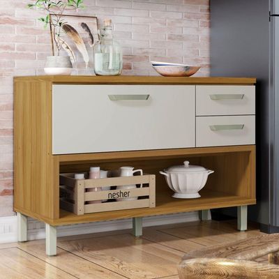 Balcão De Cozinha 1 Porta 2 Gavetas Com Caixa Organizadora 120cm Princesa Nesher Móveis Freijó-off White