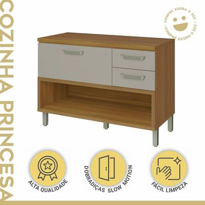 Balcão De Cozinha 1 Porta 2 Gavetas Com Caixa Organizadora 120cm Princesa Nesher Móveis Freijó-off White