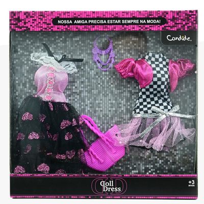 Vestido Para Boneca - Doll Dress Kit 2 Looks - Xadrez E Rosa