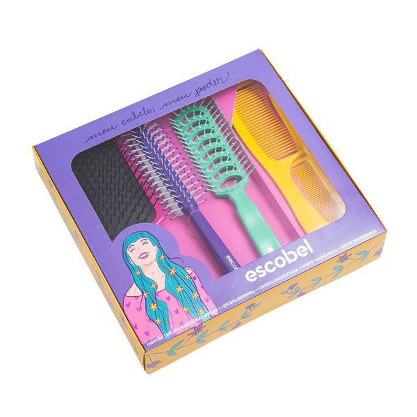 Kit Presente Escova Escobel com 1 Raquete + 1 Nice + 1 Keiko + 1 Pente Dentes Médios Kit Presente Escova Escobel com 1 Raquete + 1 Nice + 1 Keiko + 1 Pente Dentes Médios