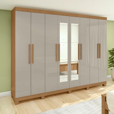 Guarda-roupa Casal Easy Slim 8 Portas Com Espelho E Pés Amendoa Clean/off White