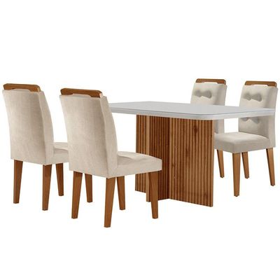 Mesa Olímpia 120cm Mdf Vidro Canto Copo Com 4 Cadeiras